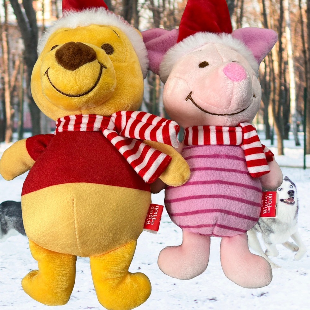 Disney Winnie the Pooh Piglet Christmas Plush Dog Toys 2pk Squeaker NEW